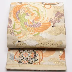 アンティーク 丸帯 帯丈400cm Aランク 全通 正絹 リバーシブル 唐織 鳳凰 アンティーク クリーム系 鳳凰 1223-01377