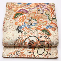 アンティーク 丸帯 帯丈412cm 全通 鶴 小鼓 丸紋 菊 桐 フォーマル クリーム系 正絹 Aランク 1223-01055