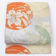 アンティーク 名古屋帯 帯丈345cm ポイント柄 名古屋仕立て Cランク セミフォーマル 百合 桐 正絹 クリーム系 1224-01362