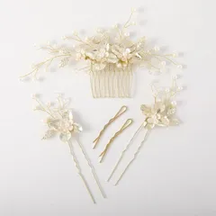 【数量限定】コーム パール ヘアピン 花モチーフ 5本セット ヘアアクセサリー ウェディング 木の葉 結婚式 お呼ばれ 披露宴 ヘッドドレス 娘の卒業式 発表会 和装用 髪飾り 手作り髪飾り ゴールド