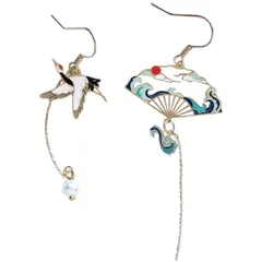 【数量限定】金属アレルギー対応 揺れる 和風 両耳用 和柄 浴衣 着物 ファッション 鶴 扇子 レディース フックピアス Sunyobao