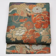 アンティーク 名古屋帯 帯丈350cm Aランク 名古屋仕立て 六通 正絹 鷲 牡丹 菊 セミフォーマル 緑系 1224-01620