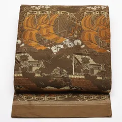 アンティーク 名古屋帯 帯丈352cm Aランク 名古屋仕立て 全通 正絹 緑系 セミフォーマル 茶系 御所解 1224-01898