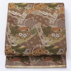 アンティーク 名古屋帯 帯丈404cm Bランク 開き仕立て 全通 正絹 絵巻物 鶴 吉祥文様 セミフォーマル 茶系 1224-01430