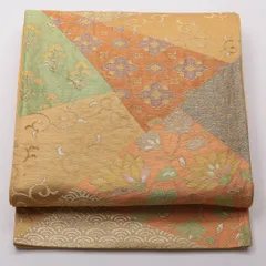 袋帯 帯丈414cm Aランク 六通 正絹 吉祥文様 唐草 花菱 青海波 カジュアル 黄系 1223-01411