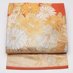 アンティーク 名古屋帯 帯丈353cm Bランク 名古屋仕立て 六通 正絹 菊 牡丹 金銀糸 セミフォーマル 朱系 1224-01629