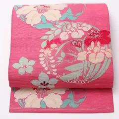 アンティーク 名古屋帯 帯丈340cm ポイント柄 名古屋仕立て Cランク カジュアル 菖蒲 牡丹 藤 唐織 正絹 ピンク系 1224-01096