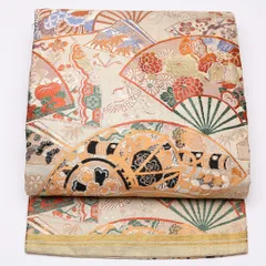 アンティーク 名古屋帯 帯丈351cm Cランク 名古屋仕立て 全通 正絹 尾長鳥 吉祥文様 金銀糸 セミフォーマル クリーム系 1224-01448