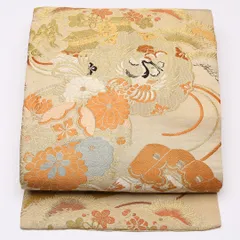 アンティーク 名古屋帯 帯丈372cm Aランク 名古屋仕立て 全通 正絹 鶴 菊菱 扇子 セミフォーマル クリーム系 1224-01450