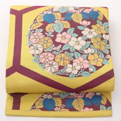 アンティーク 名古屋帯 ポイント柄 帯丈327cm Aランク 正絹 亀甲 花柄 黄系 1224-02193