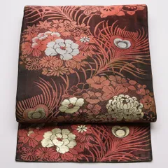 アンティーク 名古屋帯 帯丈317cm Aランク 名古屋仕立て 六通 正絹 菊 羽 セミフォーマル 黒系 1224-01792