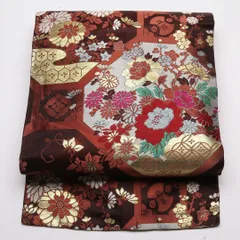 アンティーク 名古屋帯 帯丈315cm Aランク 名古屋仕立て 六通 正絹 蜀江 吉祥文様 牡丹 菊 セミフォーマル 茶系 1224-01793