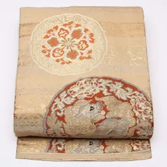 アンティーク 名古屋帯 帯丈339cm Dランク 名古屋仕立て 六通 正絹 丸紋 獅子 セミフォーマル クリーム系 1224-01467