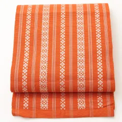 名古屋帯 全通 帯丈384cm カジュアル Cランク 正絹 献上柄 本場筑前博多織 朱系 1224-02092