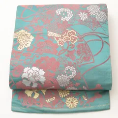 アンティーク 名古屋帯 六通 帯丈315cm セミフォーマル Cランク 正絹 扇 菊 牡丹 緑系 1224-02100