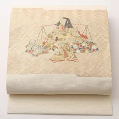 名古屋帯 ポイント柄 帯丈363cm カジュアル Sランク 正絹 花車 人物 クリーム系 1224-02442