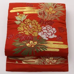 アンティーク 名古屋帯 六通 帯丈338cm Aランク 正絹 ヱ霞 牡丹 赤系 1224-02224