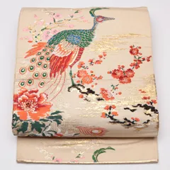 アンティーク 名古屋帯 帯丈323cm Cランク 名古屋仕立て 六通 正絹 孔雀 桜 梅 金糸 セミフォーマル クリーム系 1224-01515