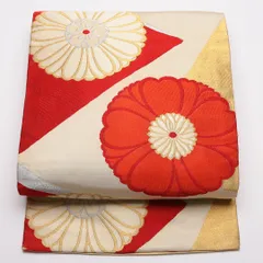 アンティーク 名古屋帯 帯丈332cm Aランク 名古屋仕立て ポイント柄 正絹 レトロ 菊 金銀糸 セミフォーマル クリーム系 1224-01822