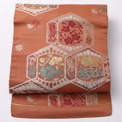 アンティーク 名古屋帯 六通 帯丈319cm Bランク 正絹 吉祥文様 朱系 1224-02598