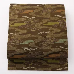 アンティーク 名古屋帯 全通 帯丈343cm Aランク 正絹 鶴 ヱ霞 松 茶系 1224-02342