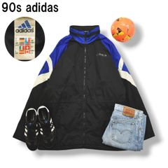 M28】90s adidasナイロンジャケット刺繍ネイビー×グリーン×パープル