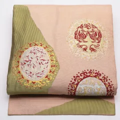 アンティーク 名古屋帯 帯丈341cm Bランク 名古屋仕立て ポイント柄 正絹 樹下双獣文 カジュアル ピンク系 1224-01841