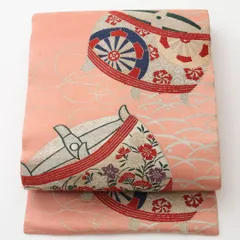 アンティーク 名古屋帯 六通 帯丈322cm Cランク 正絹 繰り車 吉祥文様 ピンク系 1224-02133