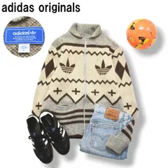 アディダス オリジナルス adidas originals ウール カウチン ニット セーター カーディガン ジップアップ ショールカラー トレフォイルロゴ L 総柄 ミックスブラウン メンズ
