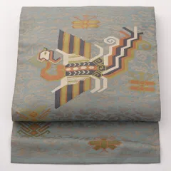 アンティーク 名古屋帯 六通 帯丈337cm Bランク 正絹 鳥 グレー系 1224-02254