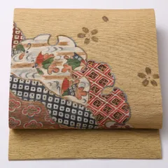 名古屋帯 紬地 ポイント柄 帯丈360cm カジュアル Sランク 正絹 雪輪 桜 素朴 遊び心 緑系 1224-02625