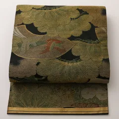 アンティーク 名古屋帯 全通 帯丈391cm セミフォーマル Aランク 正絹 尾長鳥 扇 松 黒系 1224-02260