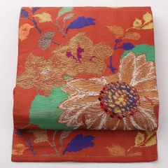 アンティーク 名古屋帯 六通 帯丈327cm Aランク 正絹 すくい織 牡丹 桔梗 蒲公英 赤系 1224-02368