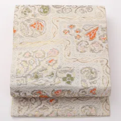 アンティーク 名古屋帯 六通 帯丈325cm Aランク 正絹 唐華 花柄 クリーム系 1224-02370