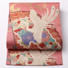 アンティーク 名古屋帯 ポイント柄 帯丈318cm Bランク 正絹 鳳凰 古典的 華やか ピンク系 1224-02648