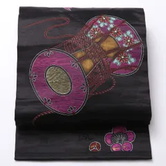 アンティーク 名古屋帯 ポイント柄 帯丈325cm Nランク 正絹 綸子 鼓 梅 落款 黒系 1224-02511