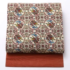 名古屋帯 全通 帯丈373cm カジュアル Sランク 正絹 騎馬人物 連珠文 クリーム系 1224-02512