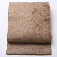 アンティーク 名古屋帯 六通 帯丈319cm Sランク 正絹 尾長鳥 茶系 1224-02526