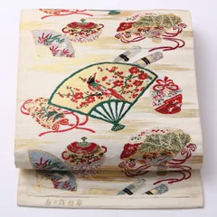 アンティーク 名古屋帯 六通 帯丈338cm Cランク 正絹 扇 梅 クリーム系 1224-02543