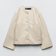 新品 未使用 ZARA ザラ ノーカラー フェイクレザー ジャケット カバードボタン ベージュ アイボリー レディース L 3046/831/712