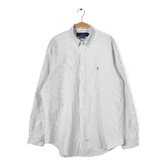 【送料無料】90s ラルフローレン オックスフォードシャツ ボタンダウン ストライプ 白灰 長袖シャツ RALPH LAUREN サイズL相当 古着 CA1538