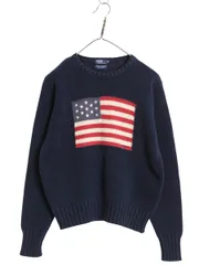 【お得なクーポン配布中!】 90s ポロ ラルフローレン 星条旗 コットン ニット セーター キッズ M メンズ S レディース M 程/ オールド フラッグ クルーネック ネイビー