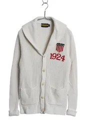 【お得なクーポン配布中!】 ラグビー ラルフローレン ショールカラー ニット カーディガン メンズ XS ポロ コットン リネン セーター 前開き 星条旗 フェルト ワッペン