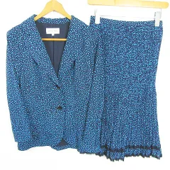 ハナエモリ HANAE MORI セットアップ ジャケット プリーツ スカート 膝下丈 40 38 ネイビー ライトブルー ドット レース kz11215