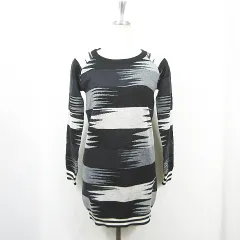 スコットクラブ SCOT CLUB ニット ワンピース 膝丈 長袖 ウール ブラック グレー アイボリー 総柄 ライン kz14348