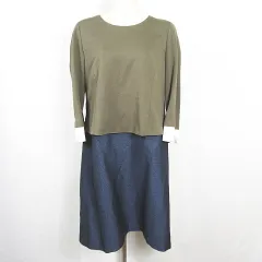 レリアン Leilian ドッキング ワンピース 膝下丈 長袖 ストレッチ レーヨン 13+ カーキ ネイビー 大きいサイズ kz13449