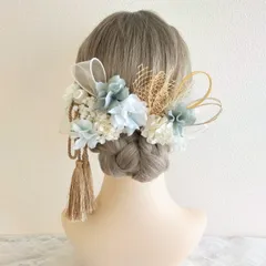 髪飾り＊成人式 卒業式 結婚式 ウェディング 振袖 袴 和装 前撮り~タッセル リボン アップヘア シニヨン~くすみブルー 青 水色 17本