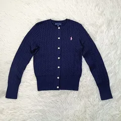美品 Ralph Lauren ラルフローレン ケーブルニット カーディガン 130 キッズ 子供服 ネイビー ピンクポニー刺繍 人気 女の子