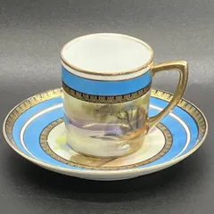 オールドノリタケ 初期輸出期 湖畔風景 白鳥絵図 金彩 ターコイズ  キャビネットカップ＆ソーサー 1921～24年製 英国向け 輸出品 （BR_1) ( POP_25B )