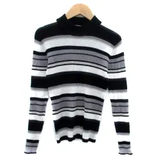 アズールバイマウジー AZUL by moussy ニット カットソー リブ オフネック 長袖 ボーダー柄 S オフホワイト 黒 ブラック /HO20